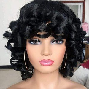Big Curly Pin Curl Synthetic Wig With Bangs jet black